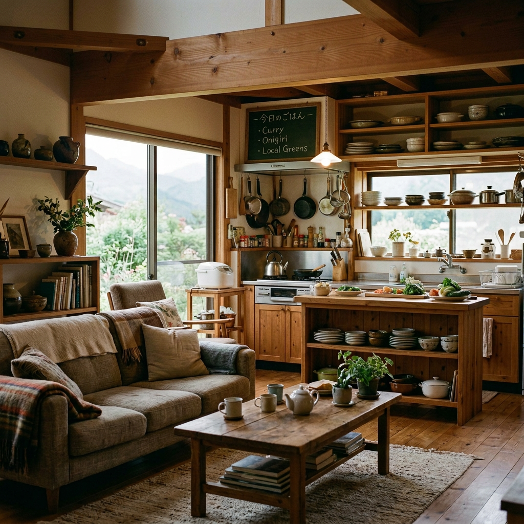 Woman preparing vegetables in a cozy Japanese kitchen beside a living room